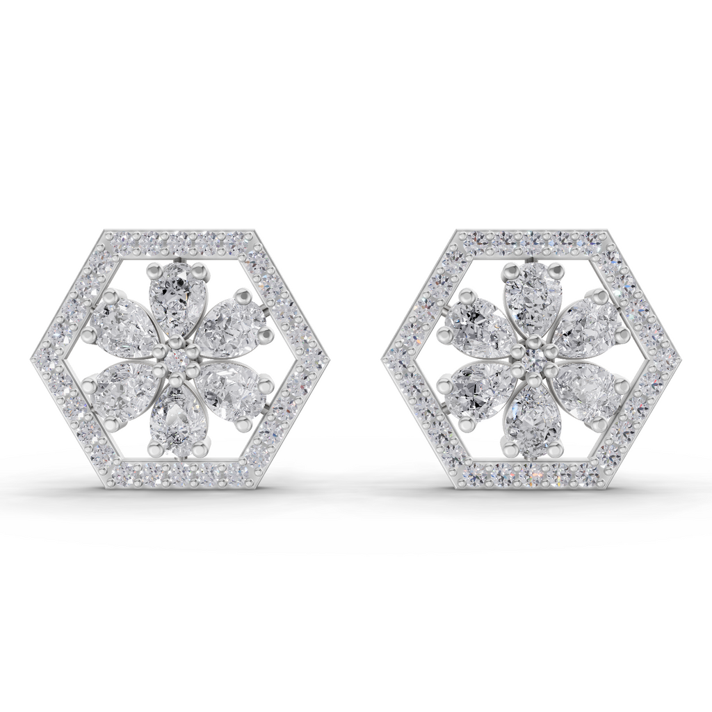 1.78 Carat Shatkon Phool Diamond Studs Earrings 14K - White Gold