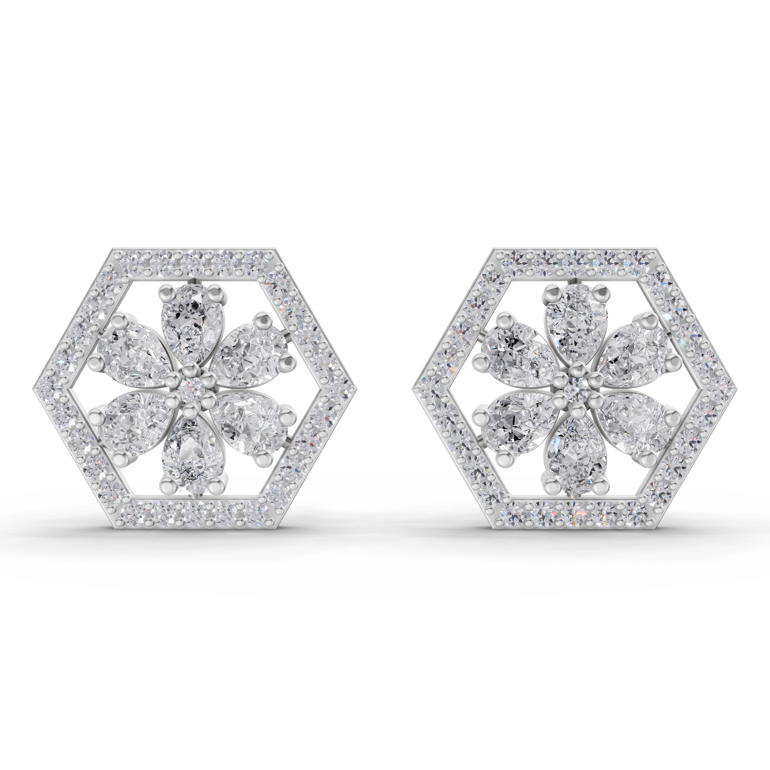 1.78 Carat Shatkon Phool Diamond Studs Earrings 14K - White Gold