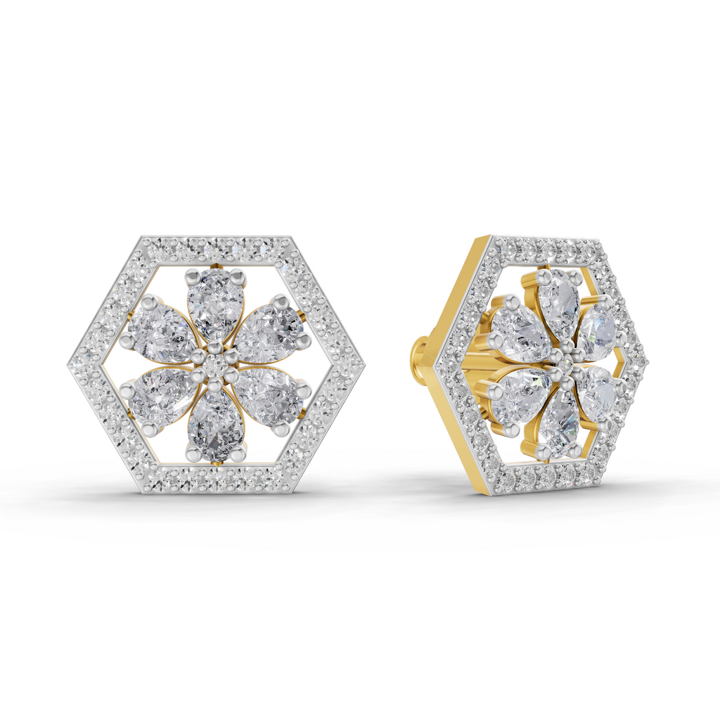1.78 Carat Shatkon Phool Diamond Studs Earrings 14K