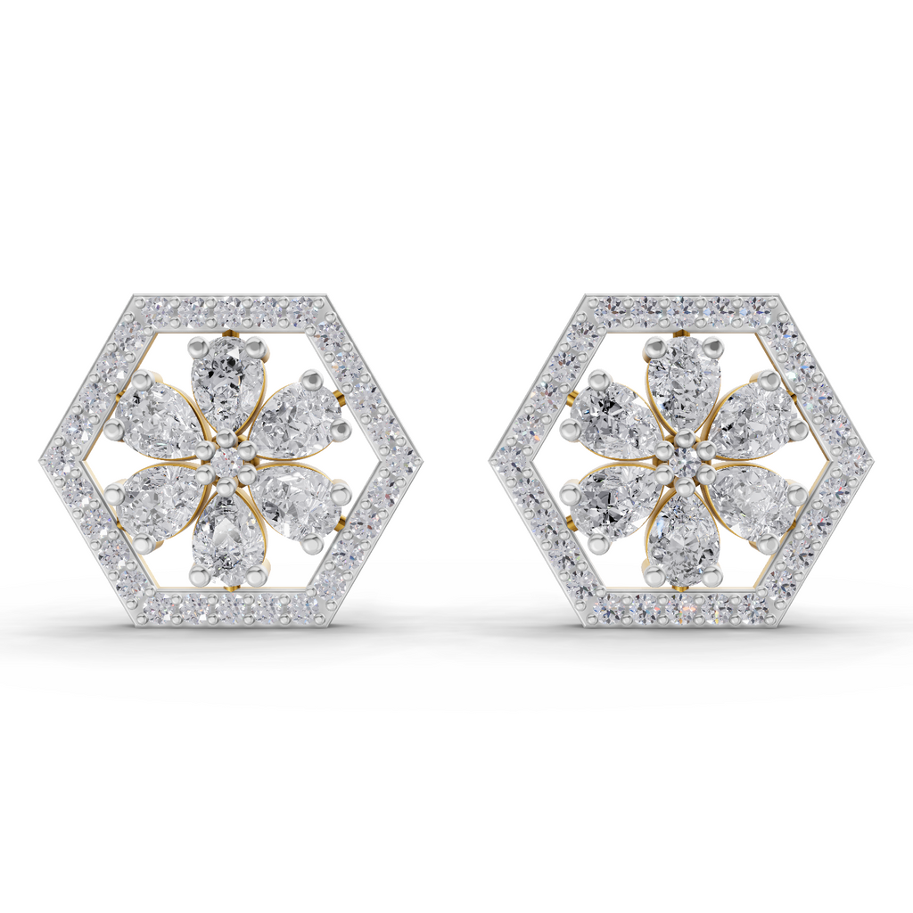 1.78 Carat Shatkon Phool Diamond Studs Earrings 14K
