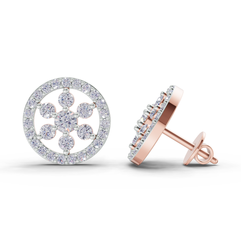 1.09 Carat Classic Floral Halo Studs Diamond Earrings 14K - Rose Gold