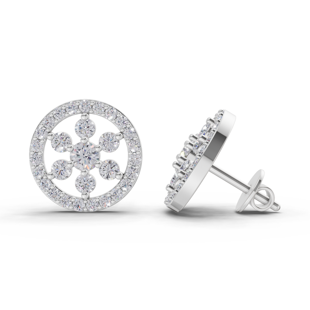 1.09 Carat Classic Floral Halo Studs Diamond Earrings 14K - White Gold