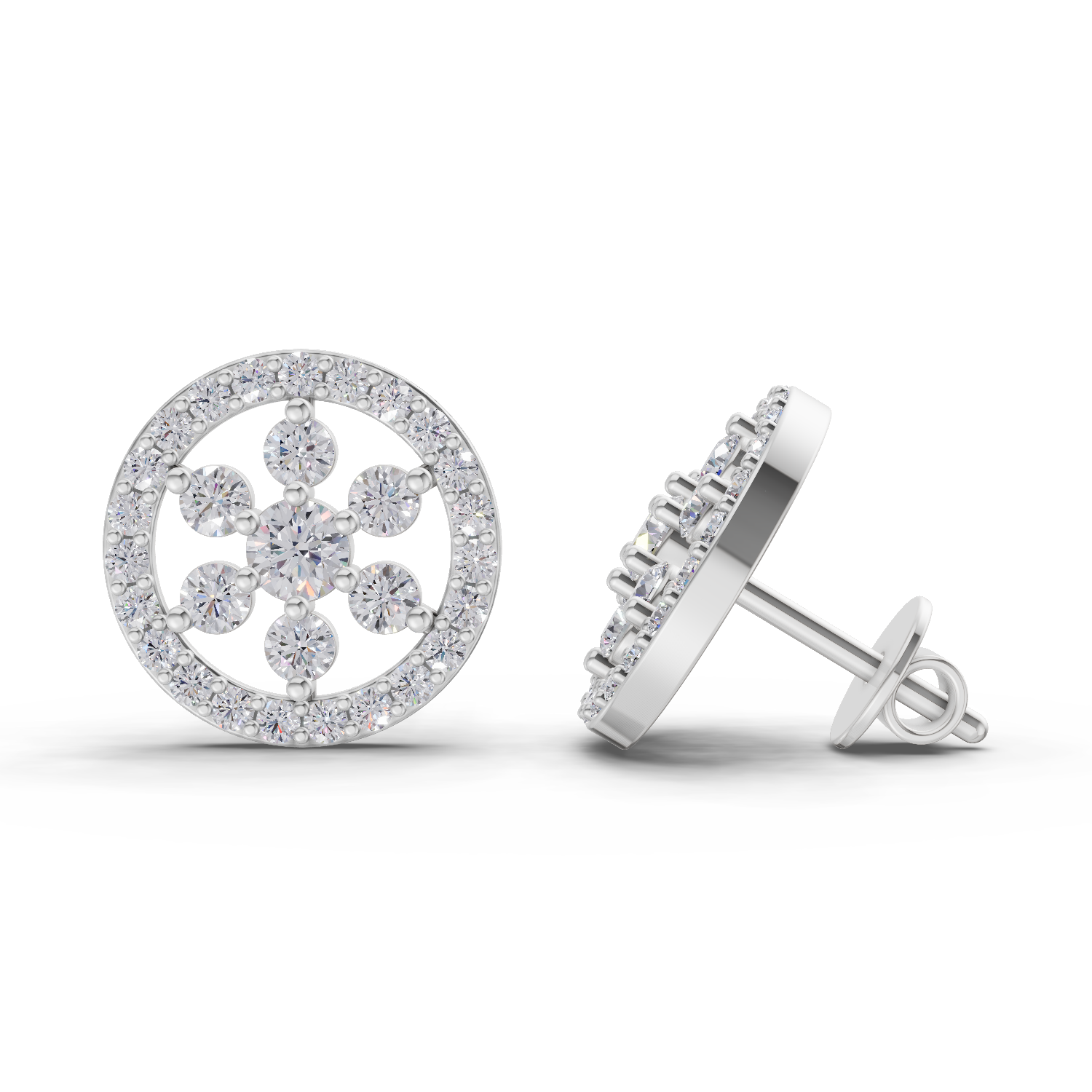 1.09 Carat Classic Floral Halo Studs Diamond Earrings 14K - White Gold