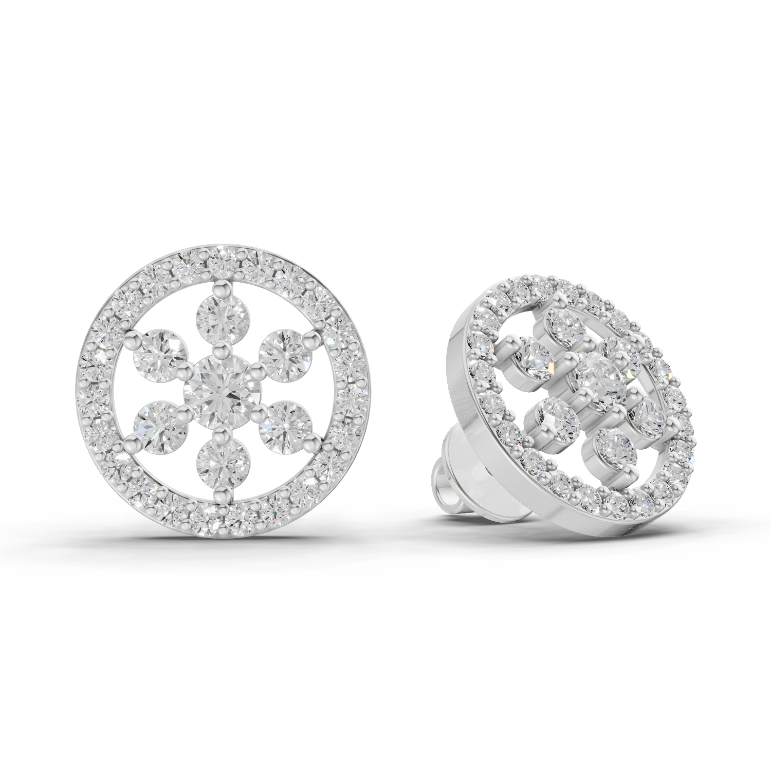1.09 Carat Classic Floral Halo Studs Diamond Earrings 14K - White Gold
