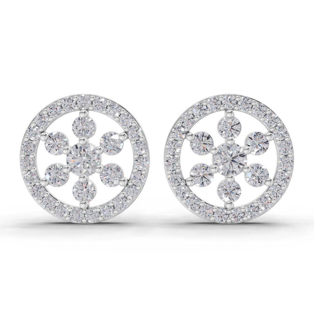 1.09 Carat Classic Floral Halo Studs Diamond Earrings 14K - White Gold