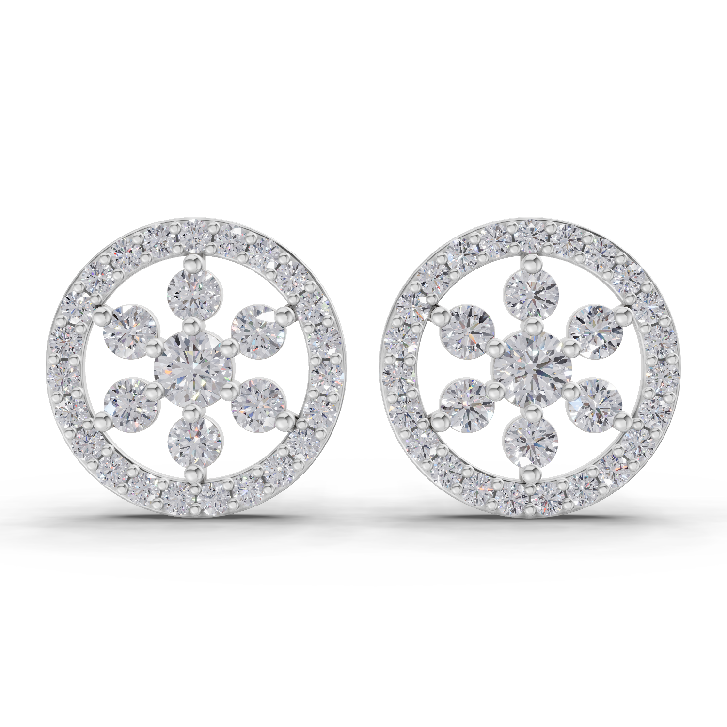 1.09 Carat Classic Floral Halo Studs Diamond Earrings 14K - White Gold