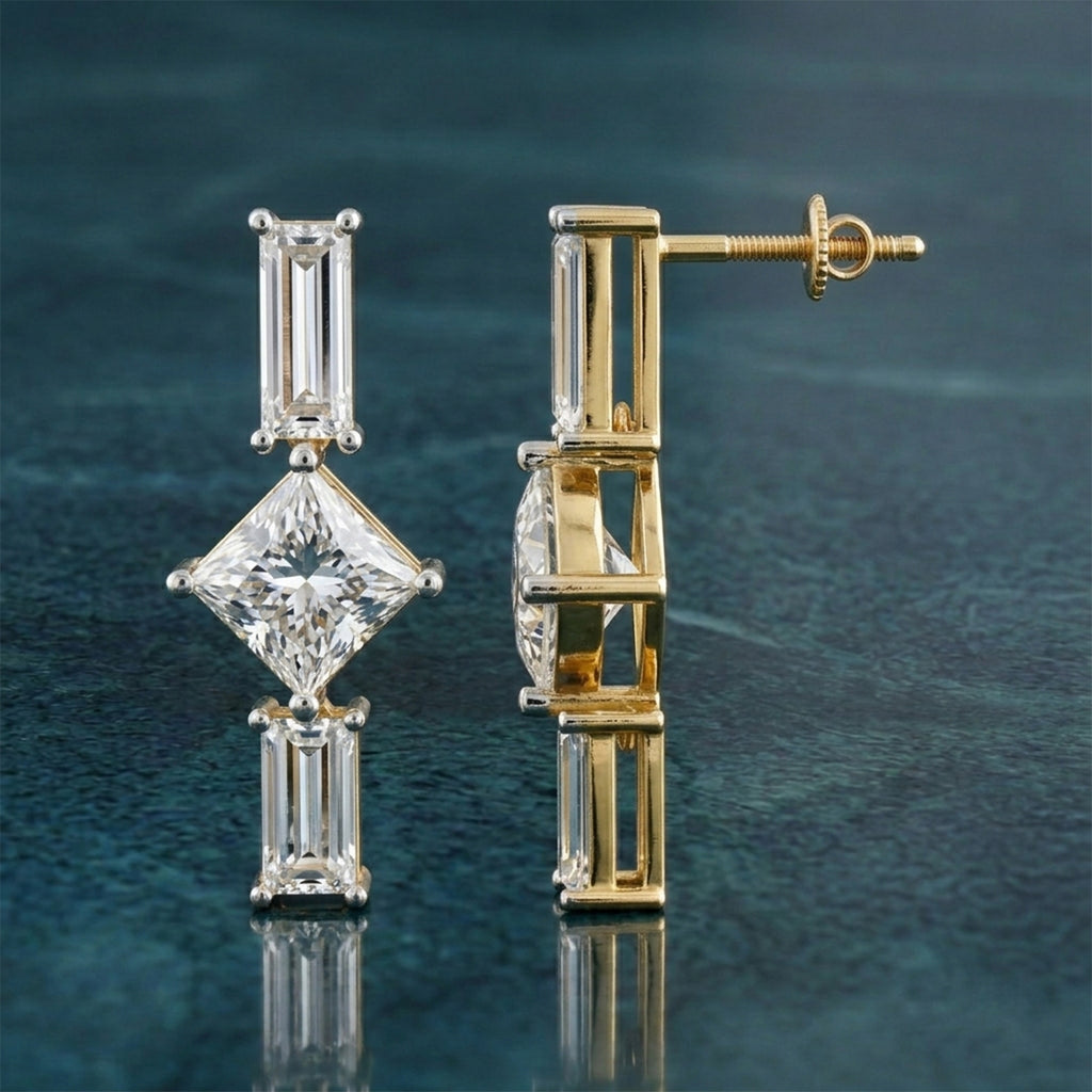 Lab Grown Diamond 6.38 Carat Princess-Cut Diamond Linear Earring 14KY