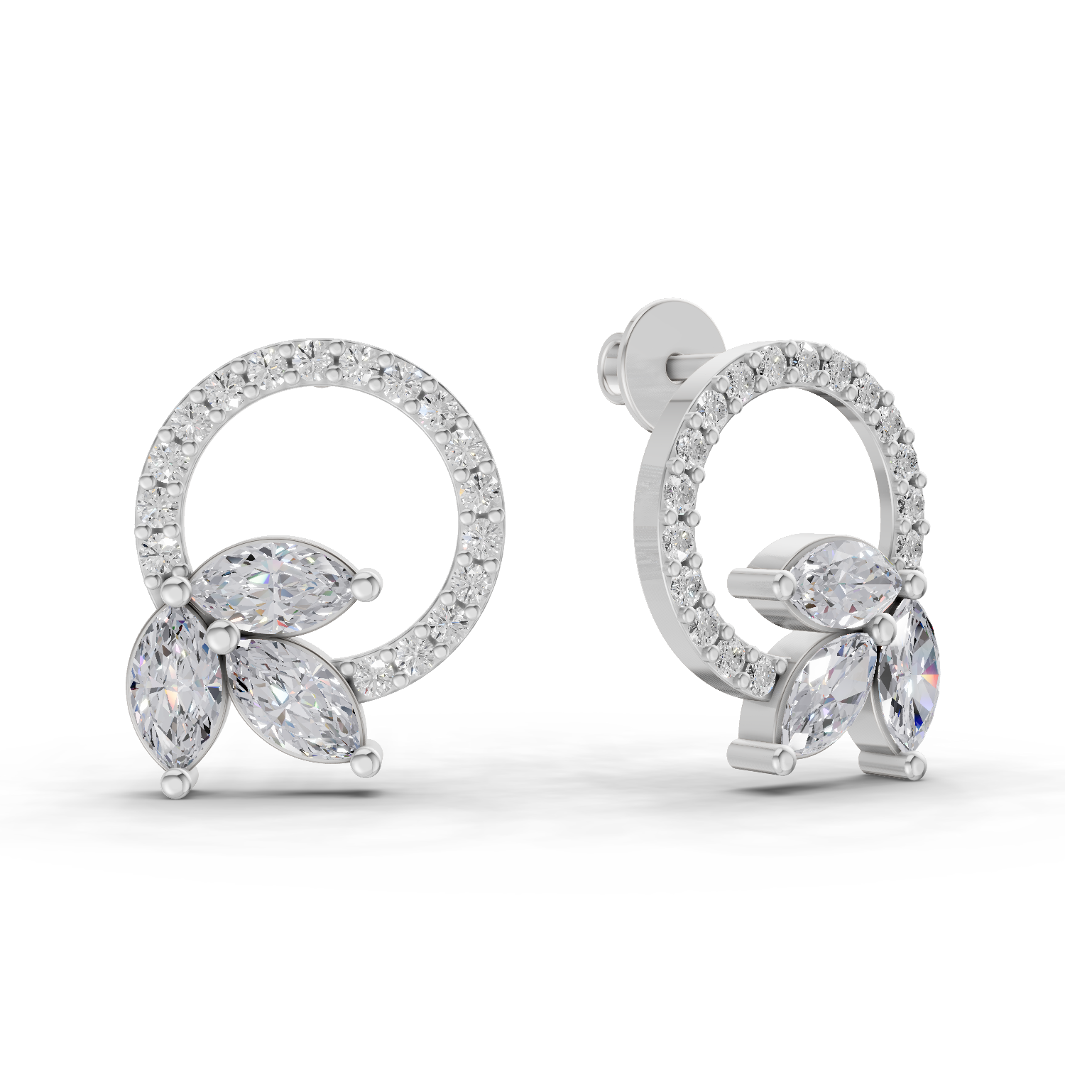 1.74 Carat Marquise Leaf Circle Studs Earrings 14K - White Gold