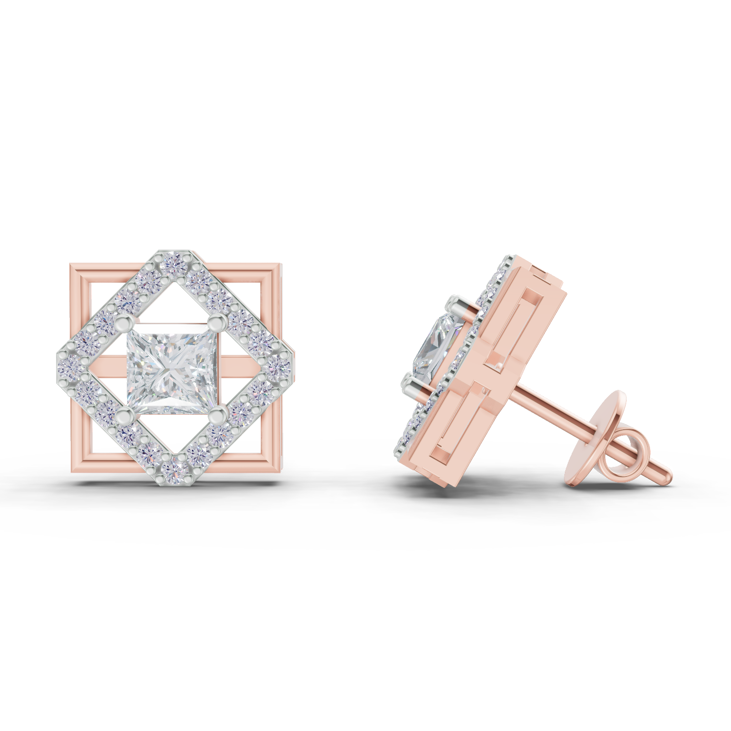 1.3 Carat Double Square Diamond Studs Earrings 14K - Rose Gold