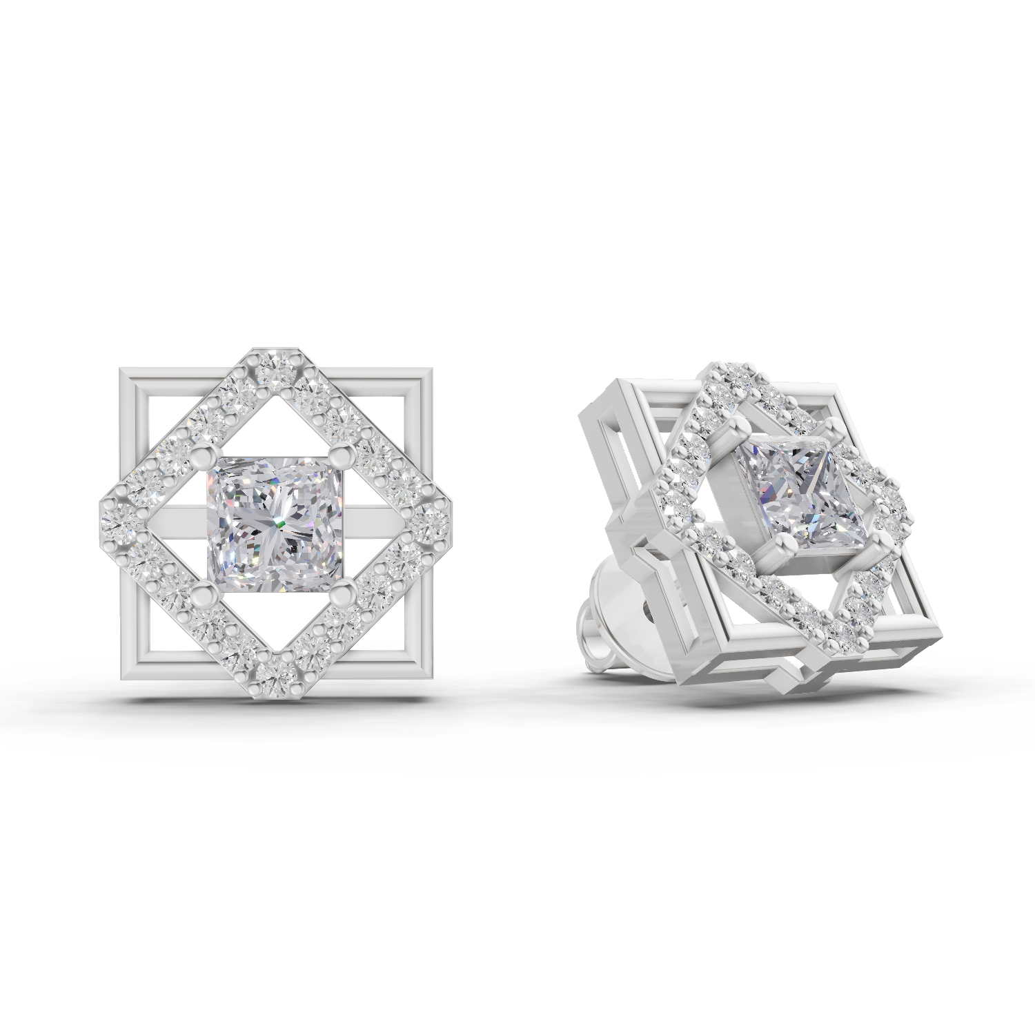 1.3 Carat Double Square Diamond Studs Earrings 14K - White Gold