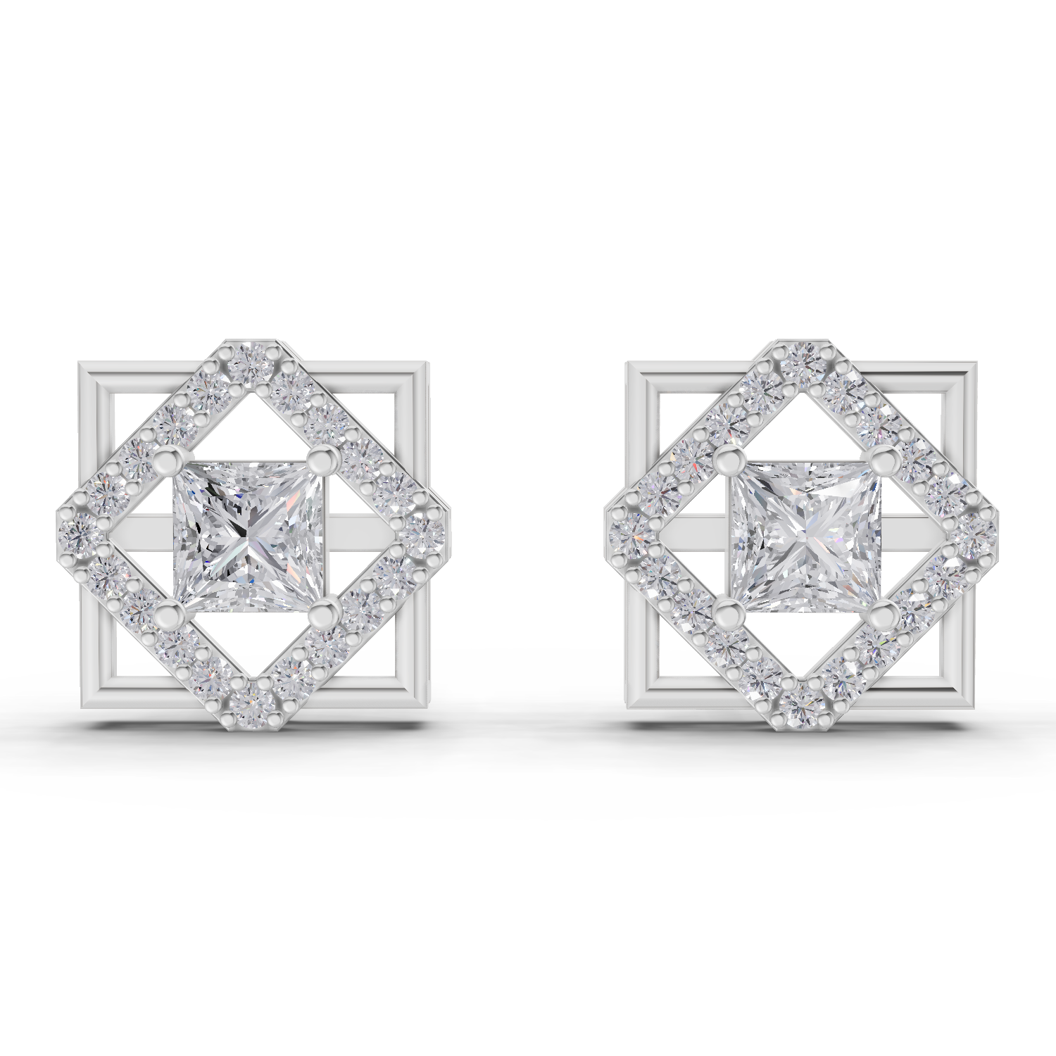 1.3 Carat Double Square Diamond Studs Earrings 14K - White Gold