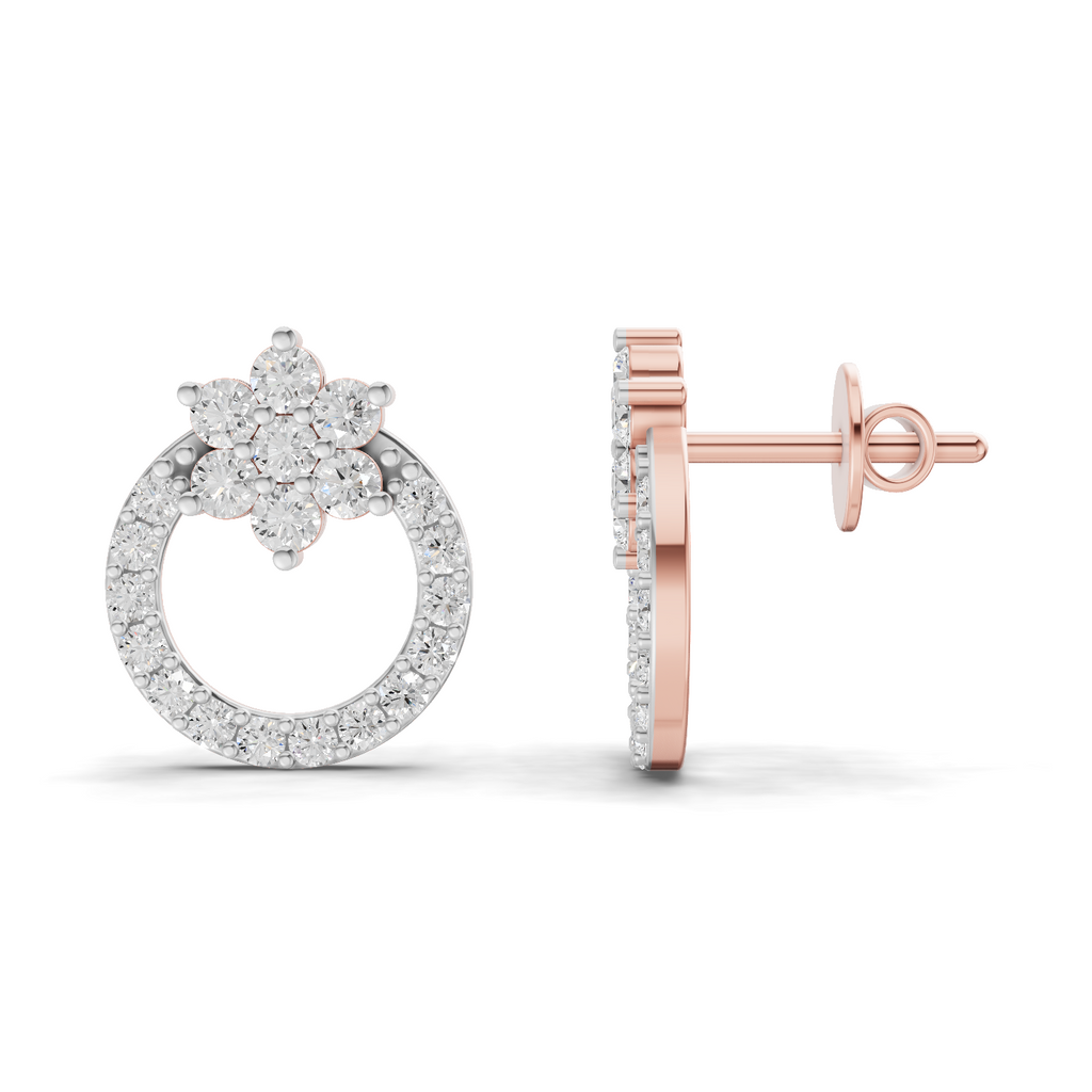 0.94 Carat Cluster and Open Circle Diamond Studs earrings 14K - Rose Gold