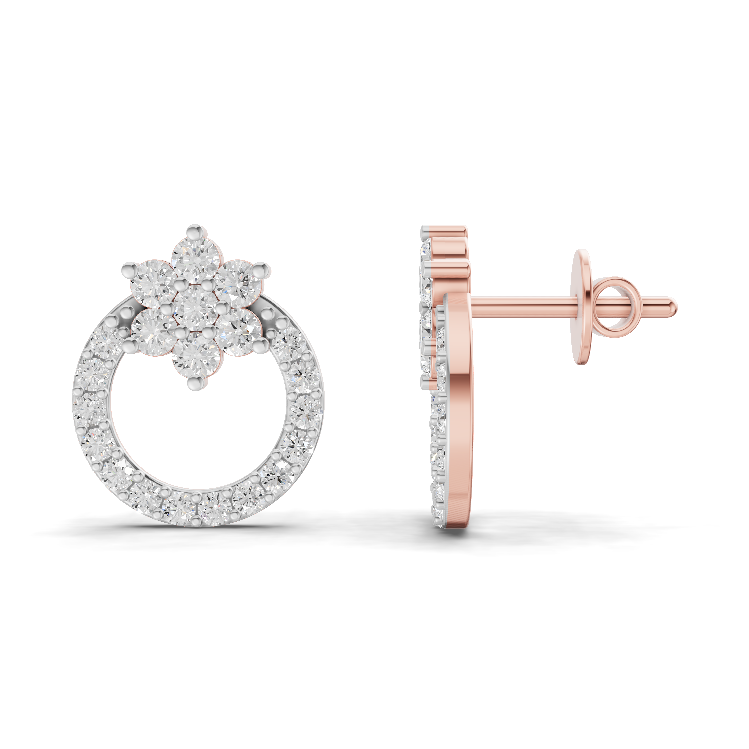 0.94 Carat Cluster and Open Circle Diamond Studs earrings 14K - Rose Gold