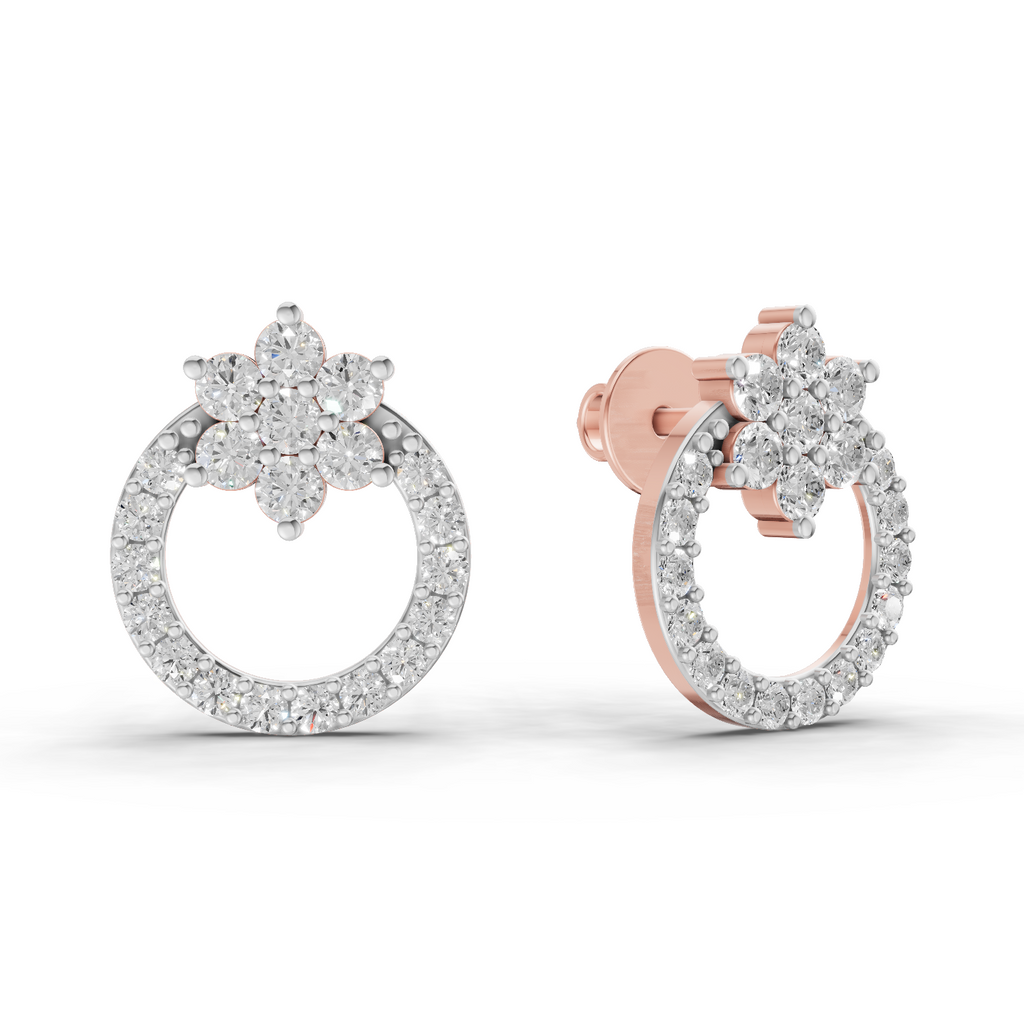 0.94 Carat Cluster and Open Circle Diamond Studs earrings 14K - Rose Gold