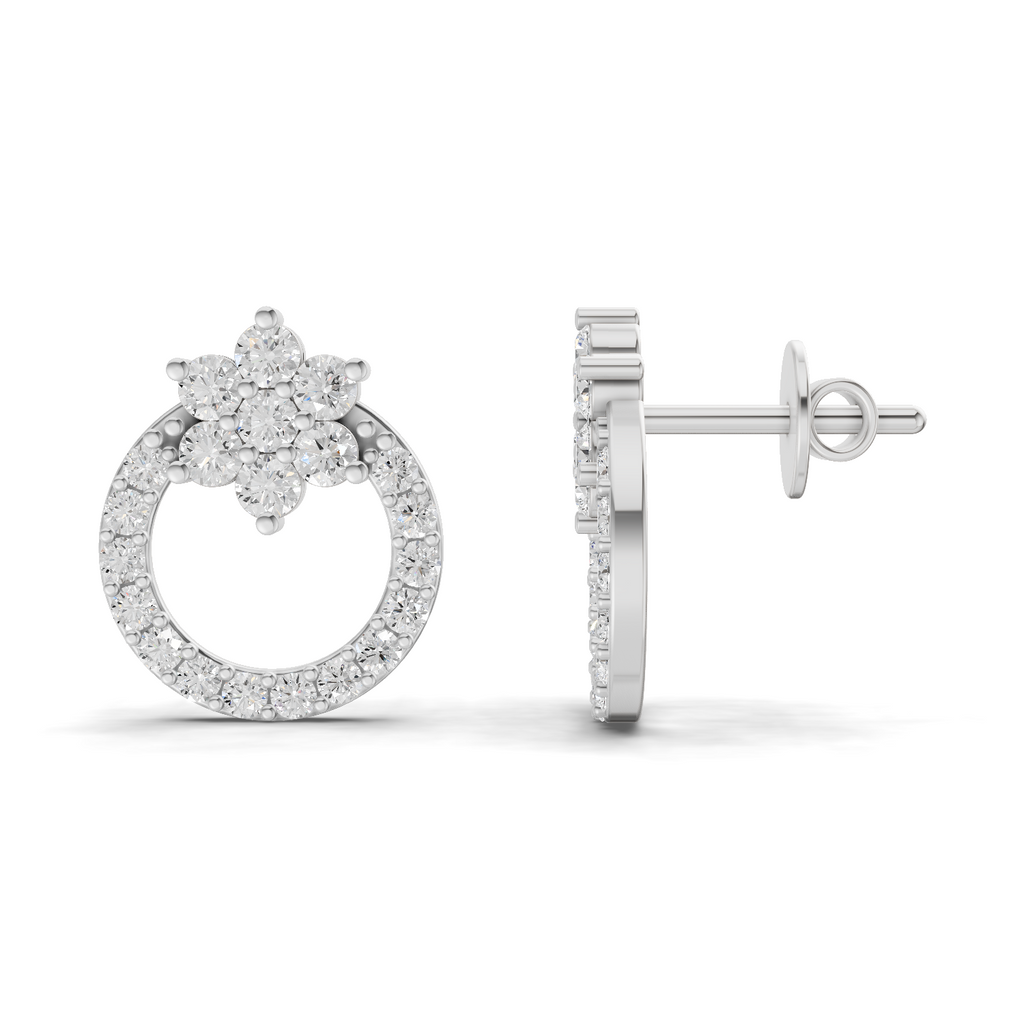 0.94 Carat Cluster and Open Circle Diamond Studs earrings 14K - White Gold