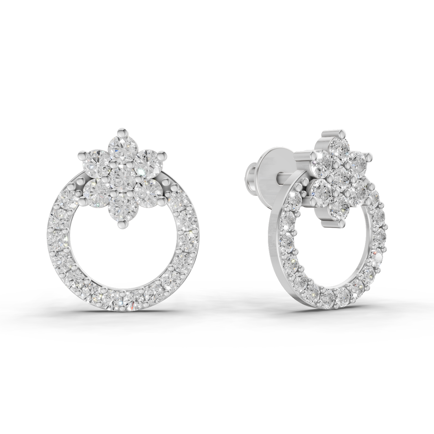 0.94 Carat Cluster and Open Circle Diamond Studs earrings 14K - White Gold
