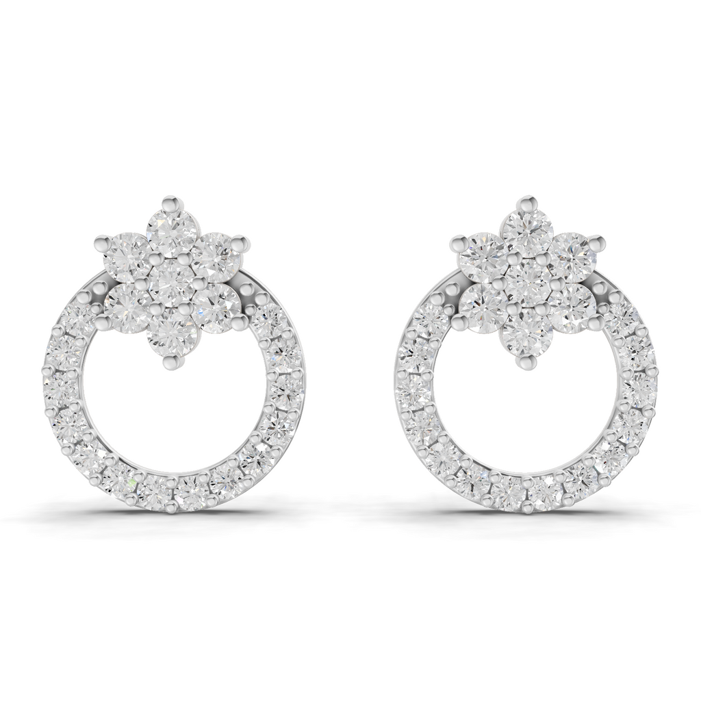0.94 Carat Cluster and Open Circle Diamond Studs earrings 14K - White Gold