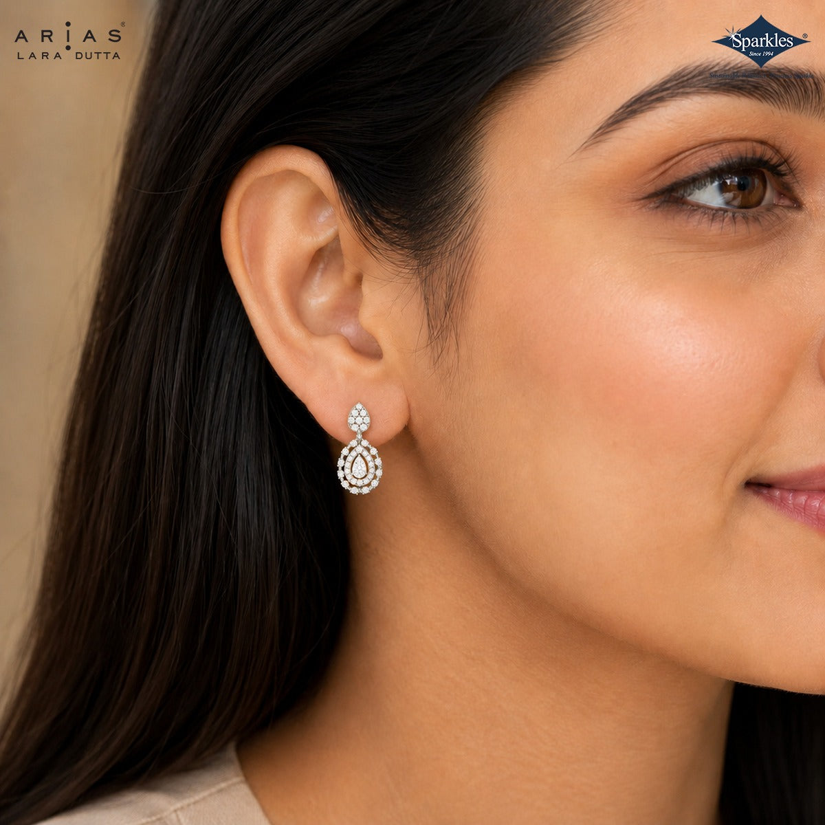 Sparkles Arias by Lara Dutta Teardrop Halo Diamond Drop Earrings