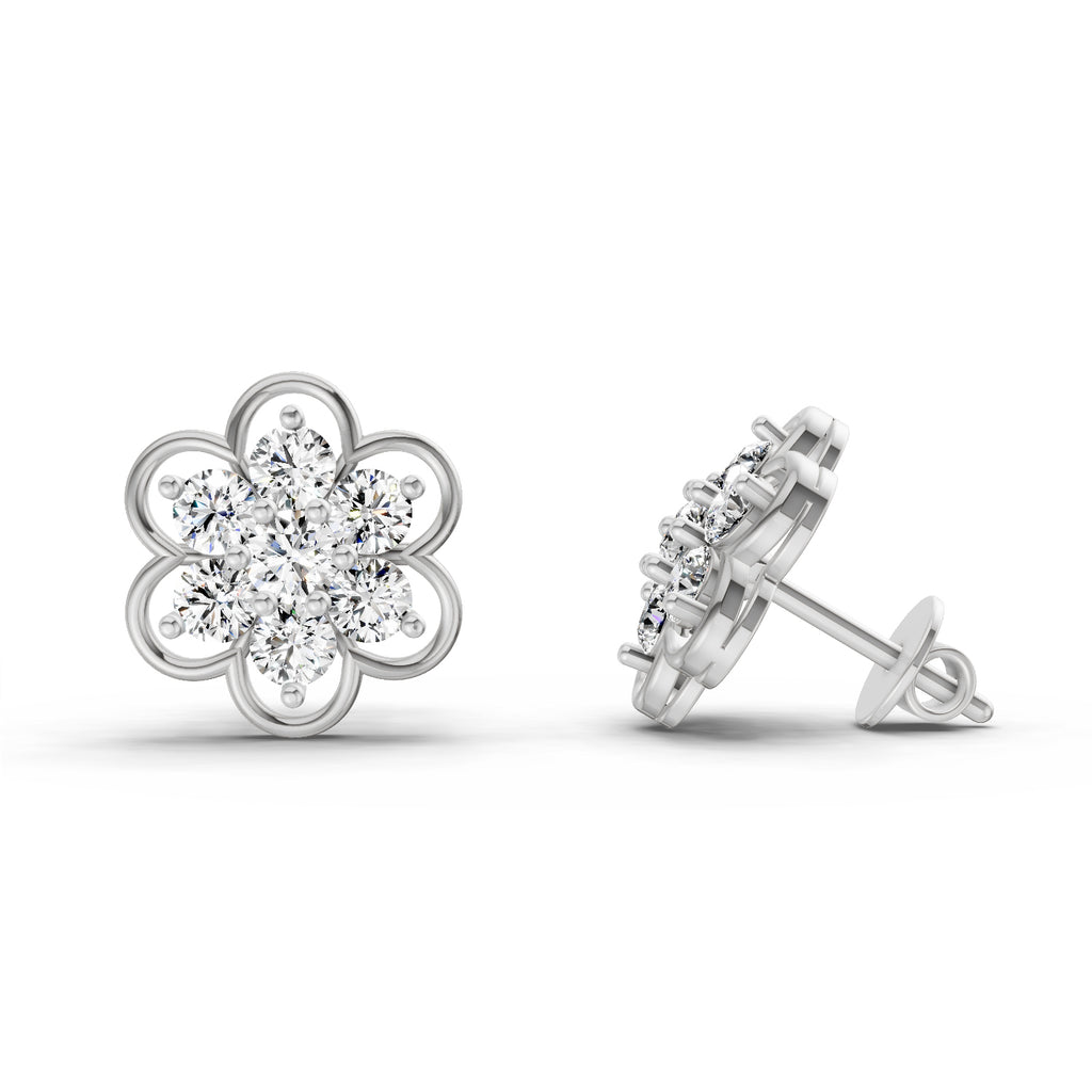 1.20 Carat Floral Cluster Diamond Stud Earrings 14K - White Gold
