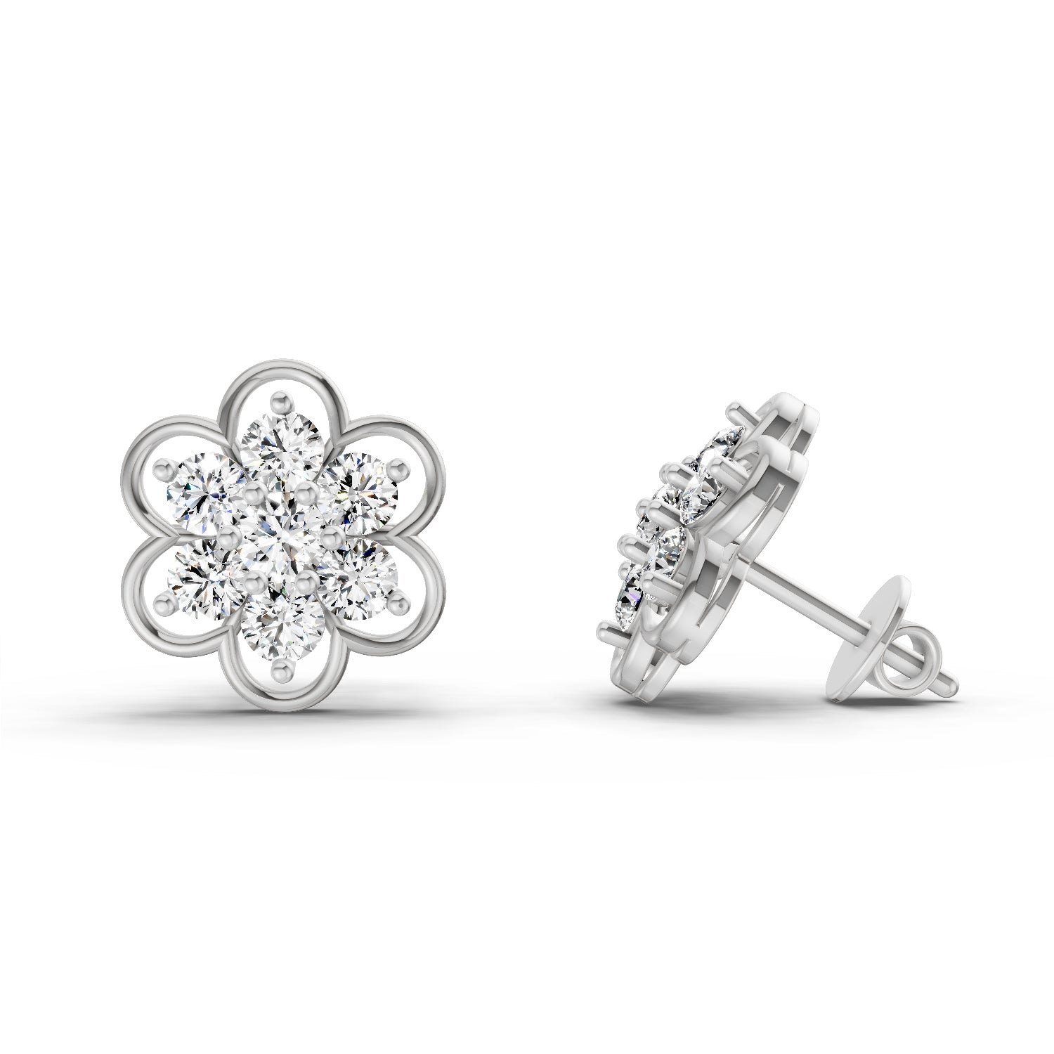 1.20 Carat Floral Cluster Diamond Stud Earrings 14K - White Gold