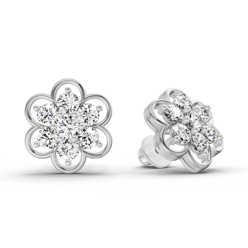 1.20 Carat Floral Cluster Diamond Stud Earrings 14K - White Gold