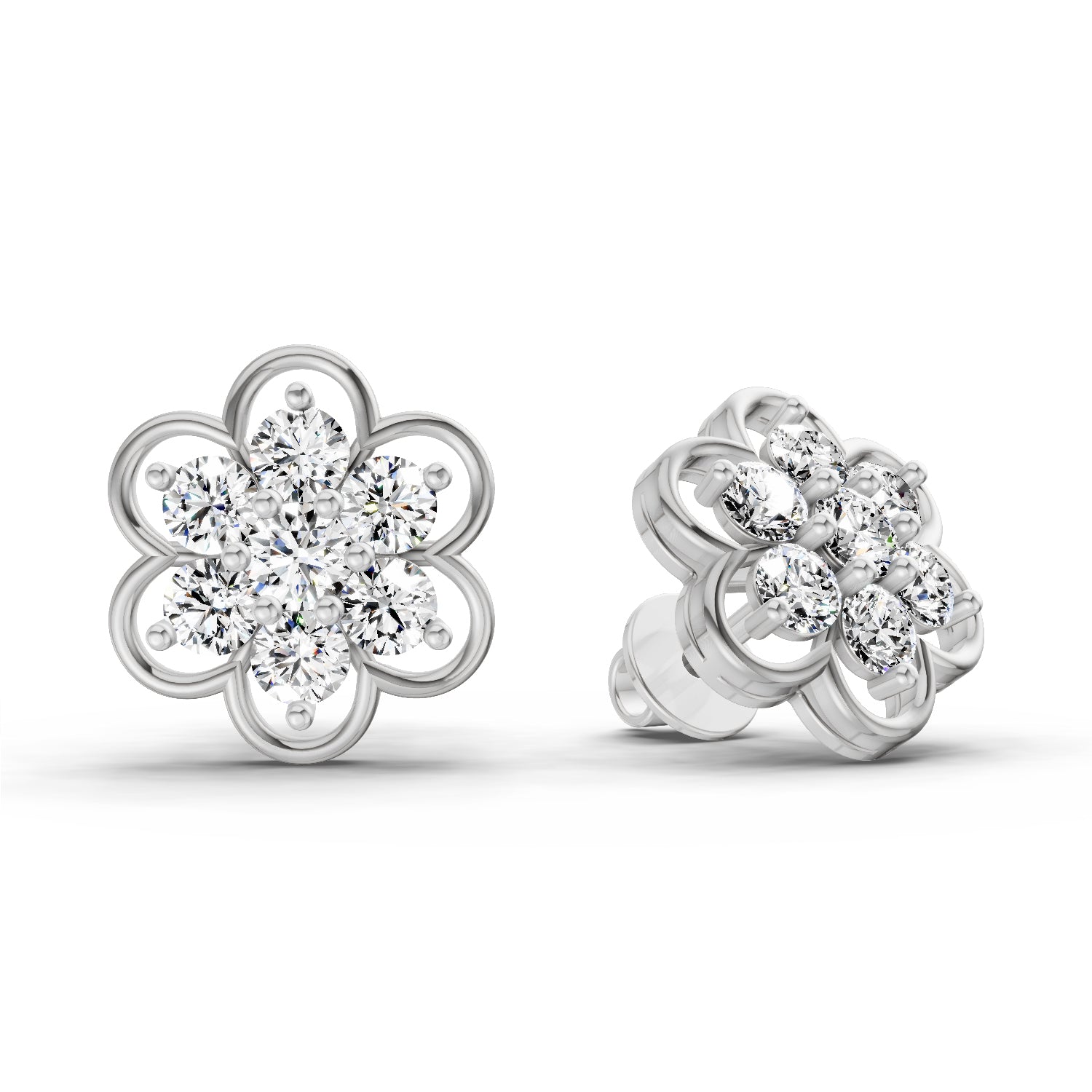 1.20 Carat Floral Cluster Diamond Stud Earrings 14K - White Gold