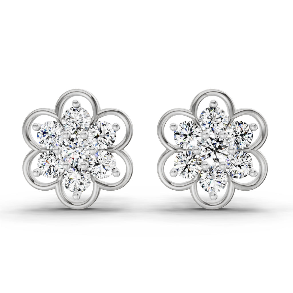 1.20 Carat Floral Cluster Diamond Stud Earrings 14K - White Gold