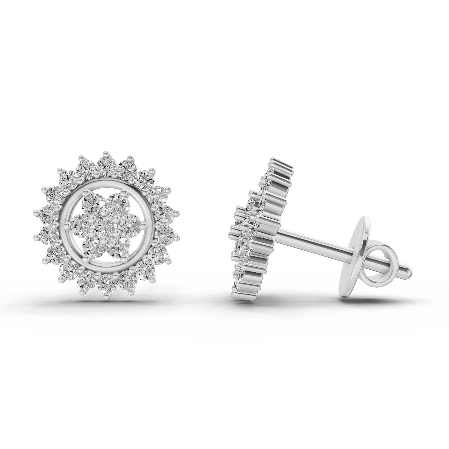 0.83 Carat Floral Cluster Diamond Stud Earrings 14K - White Gold