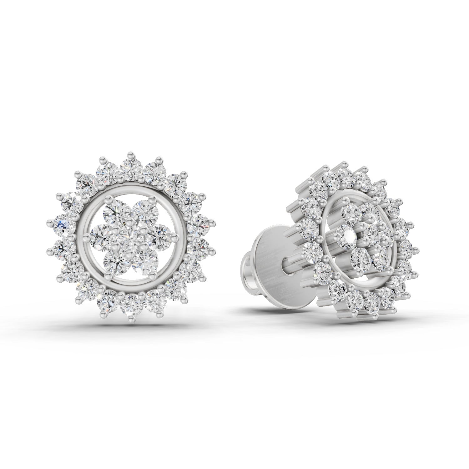 0.83 Carat Floral Cluster Diamond Stud Earrings 14K - White Gold