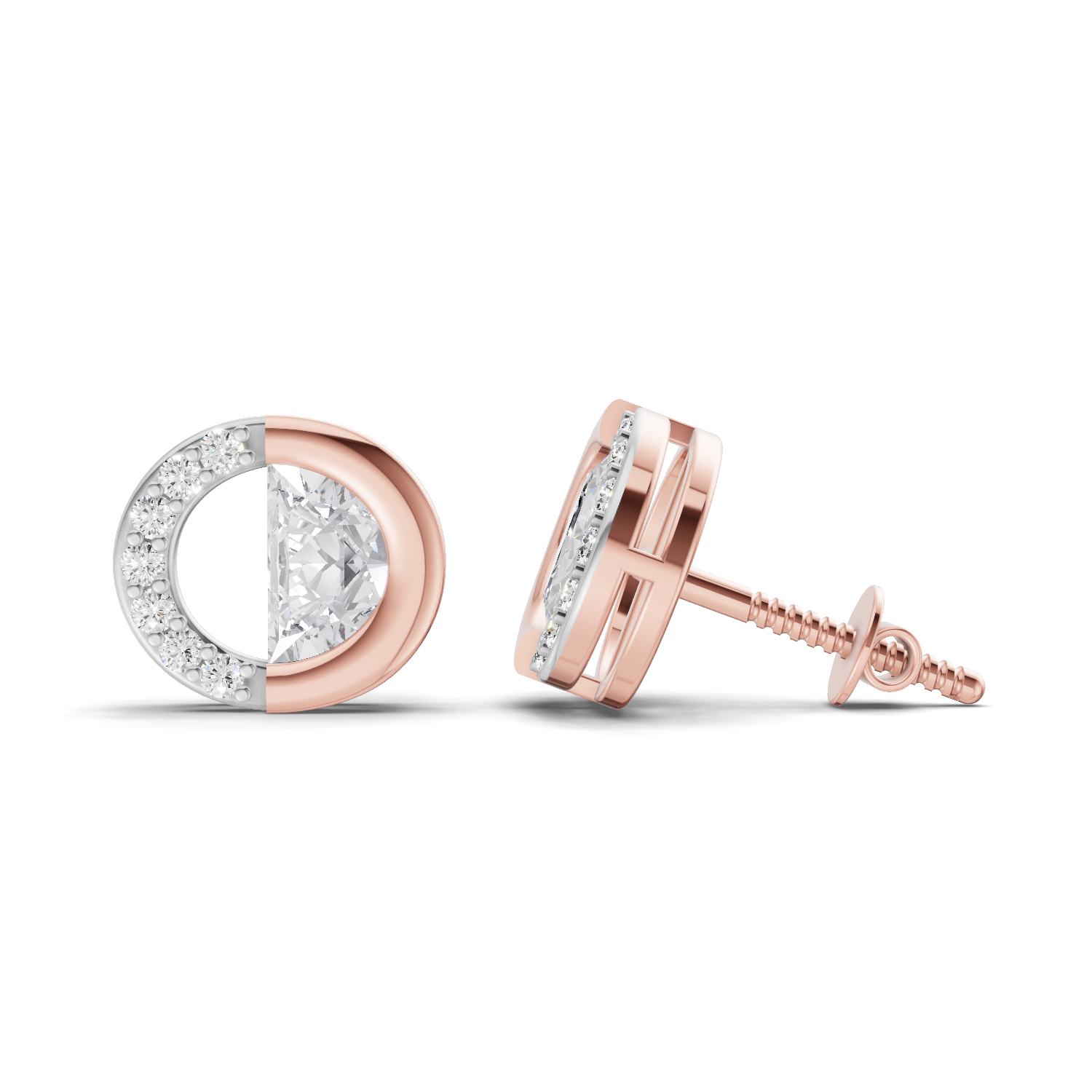 0.93 Carat Half Pave Open Circle Studs Earrings 14K - Rose Gold