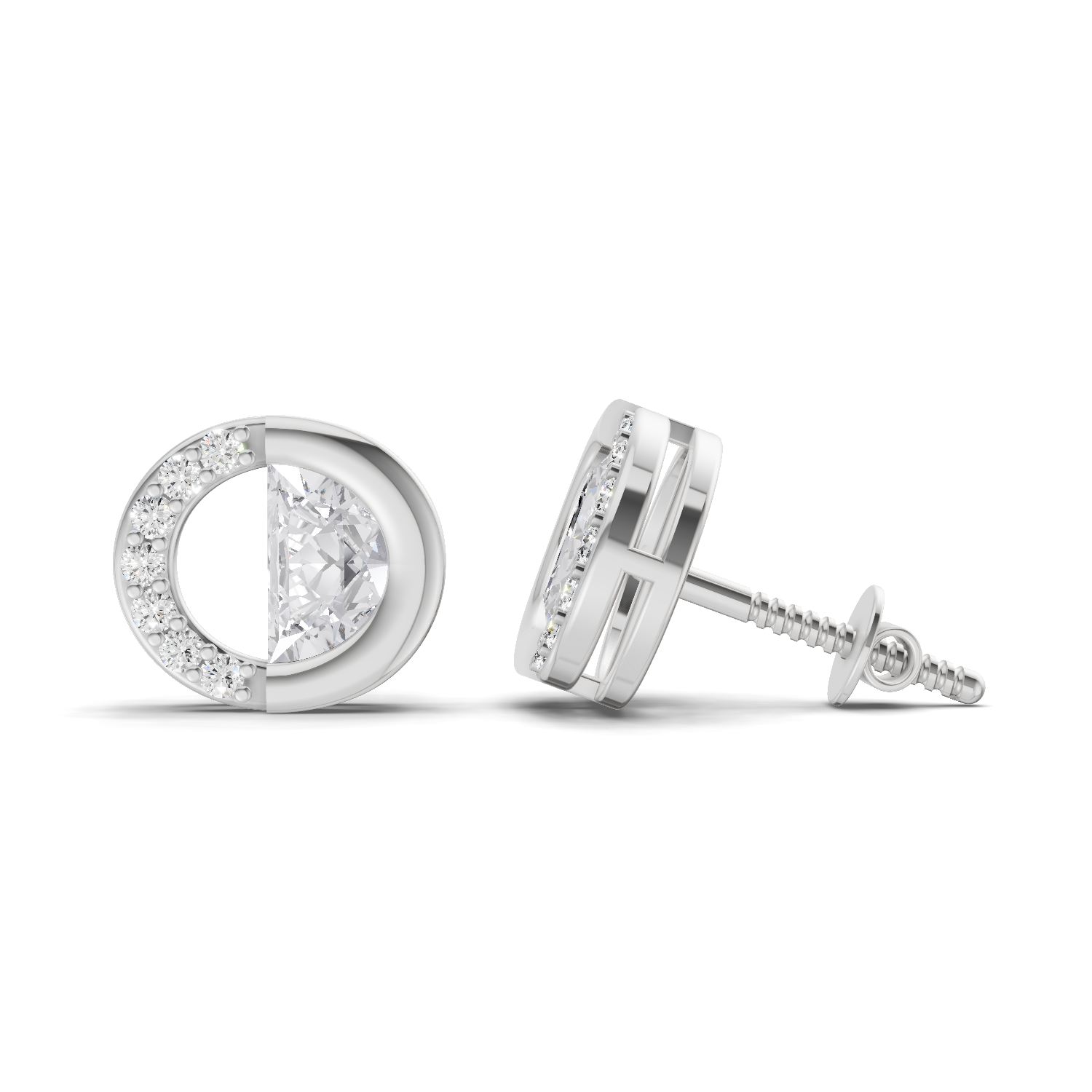 0.93 Carat Half Pave Open Circle Studs Earrings 14K - White Gold