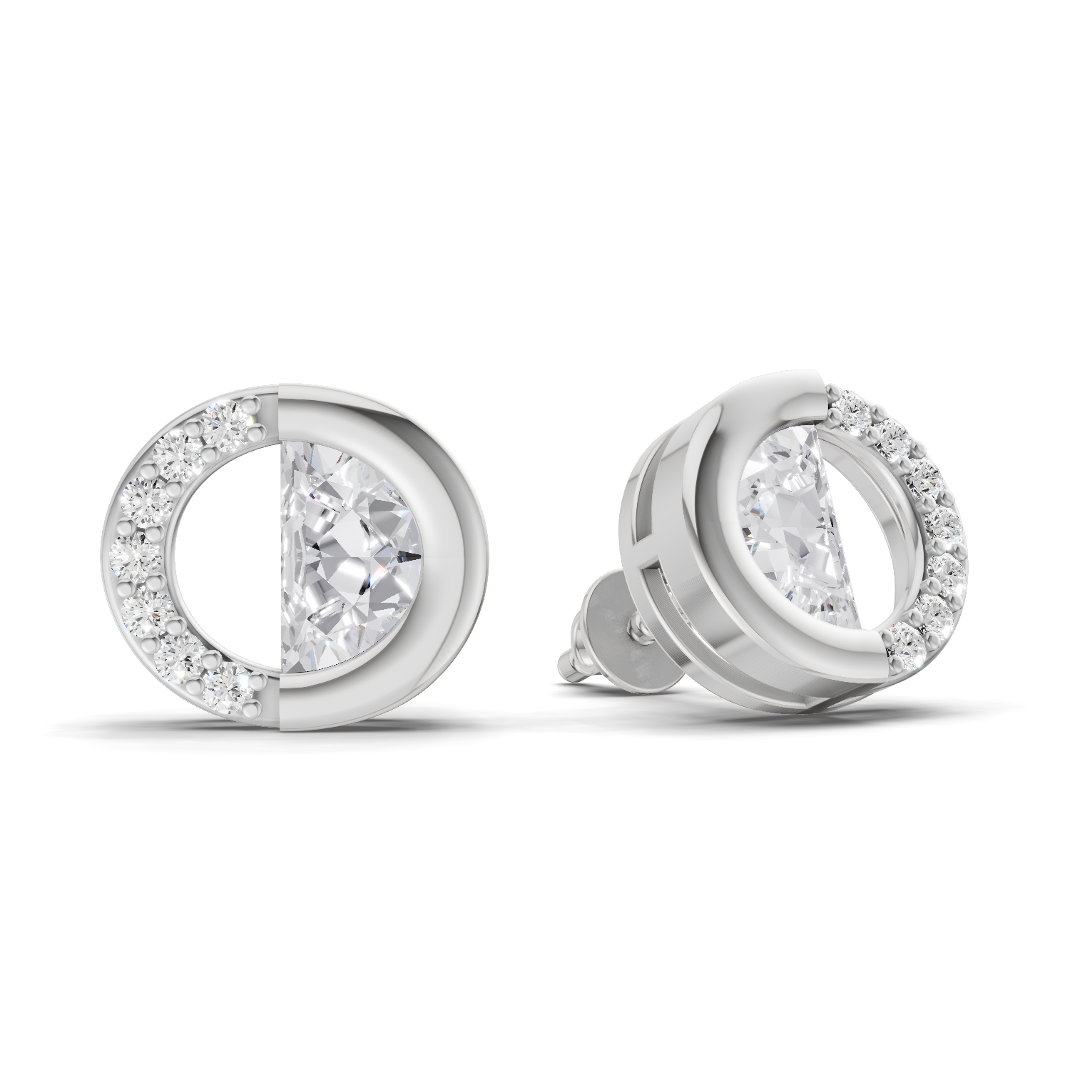 0.93 Carat Half Pave Open Circle Studs Earrings 14K - White Gold