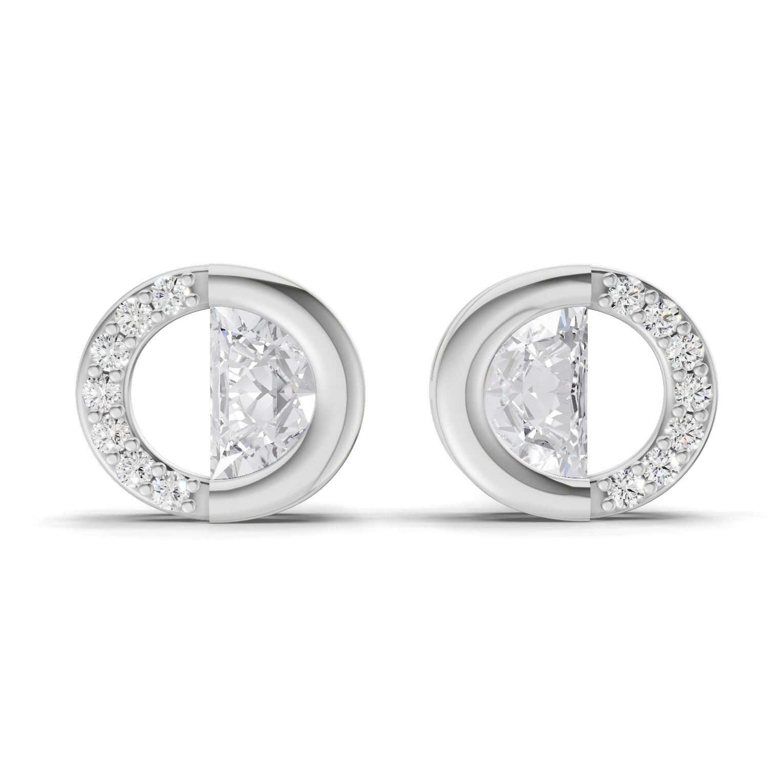 0.93 Carat Half Pave Open Circle Studs Earrings 14K - White Gold