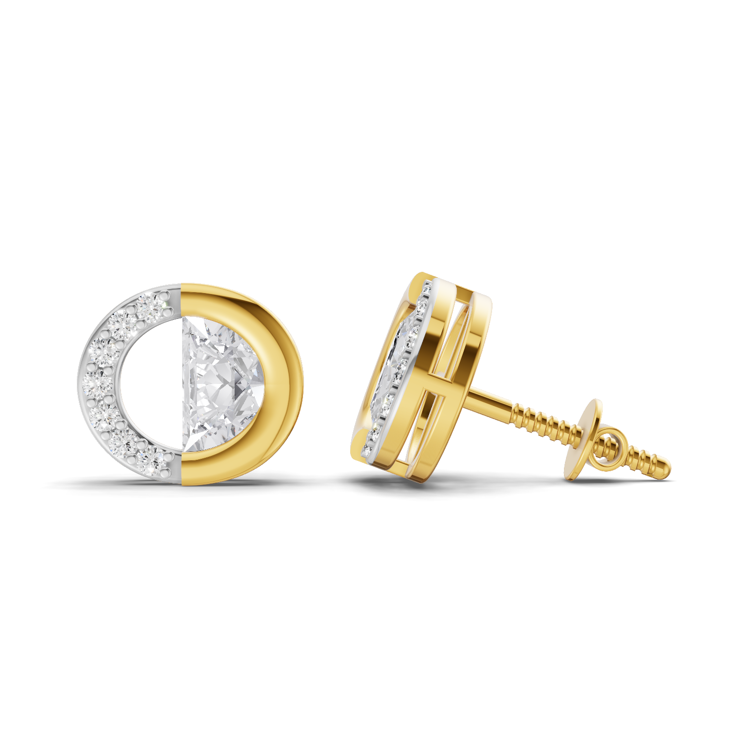 0.93 Carat Half Pave Open Circle Studs Earrings 14K
