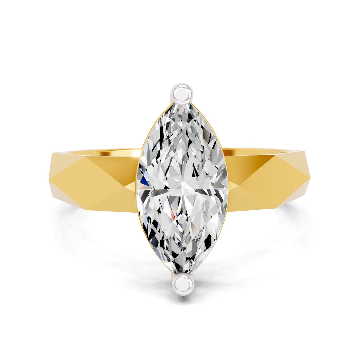 Video of a marquise solitaire lab grown diamond ring in BIS hallmarked yellow gold, set with an IGI certified lab-grown diamond. Close-up view showing the pointed marquise centre stone and the distinctive faceted geometric band.